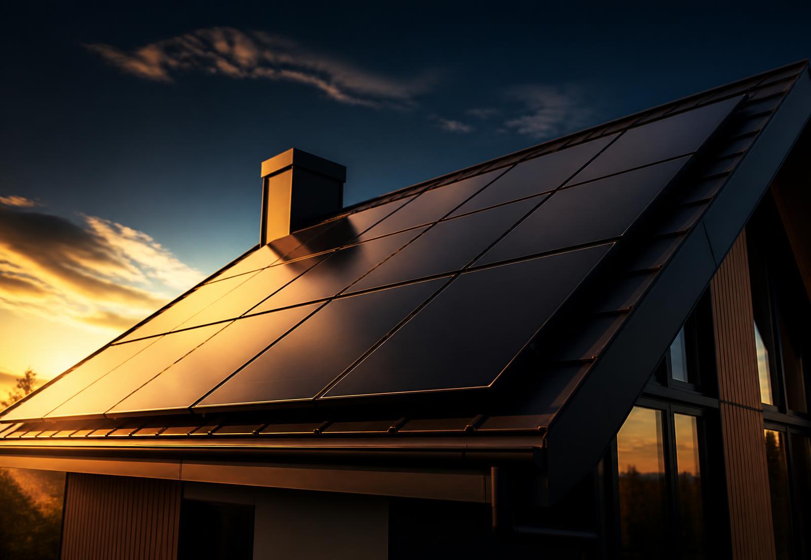 Black solar panels installed on a modern roof at sunset
